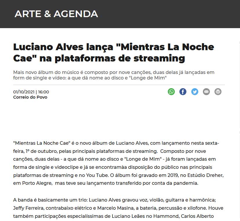Luciano Alves lança "Mientras La Noche Cae" na plataformas de streaming